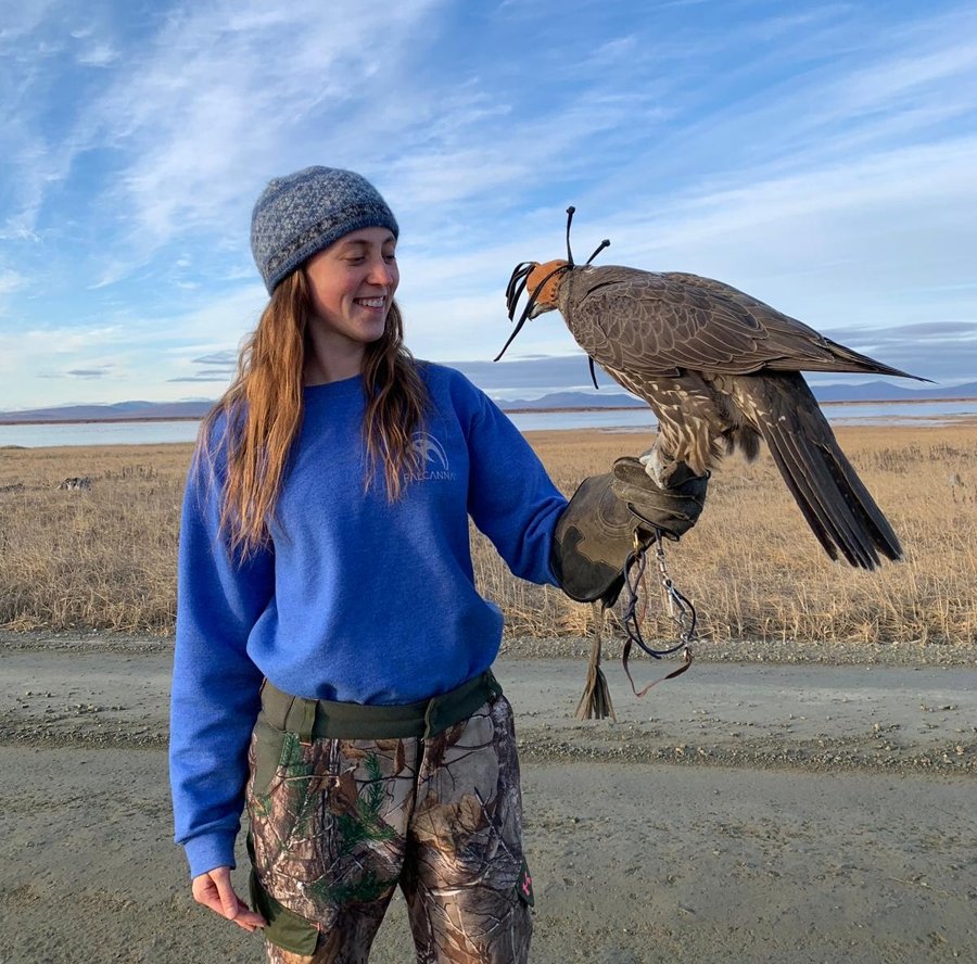 Bethany Rondeaux holding a falcon on her glove in the field