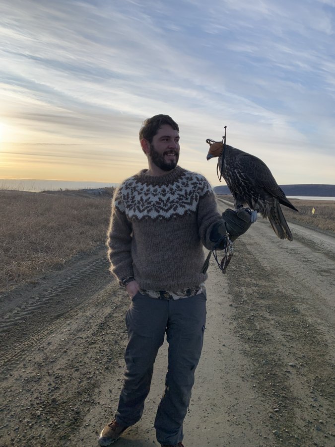 Justin Rondeaux holding a hooded gyrfalcon on his glove